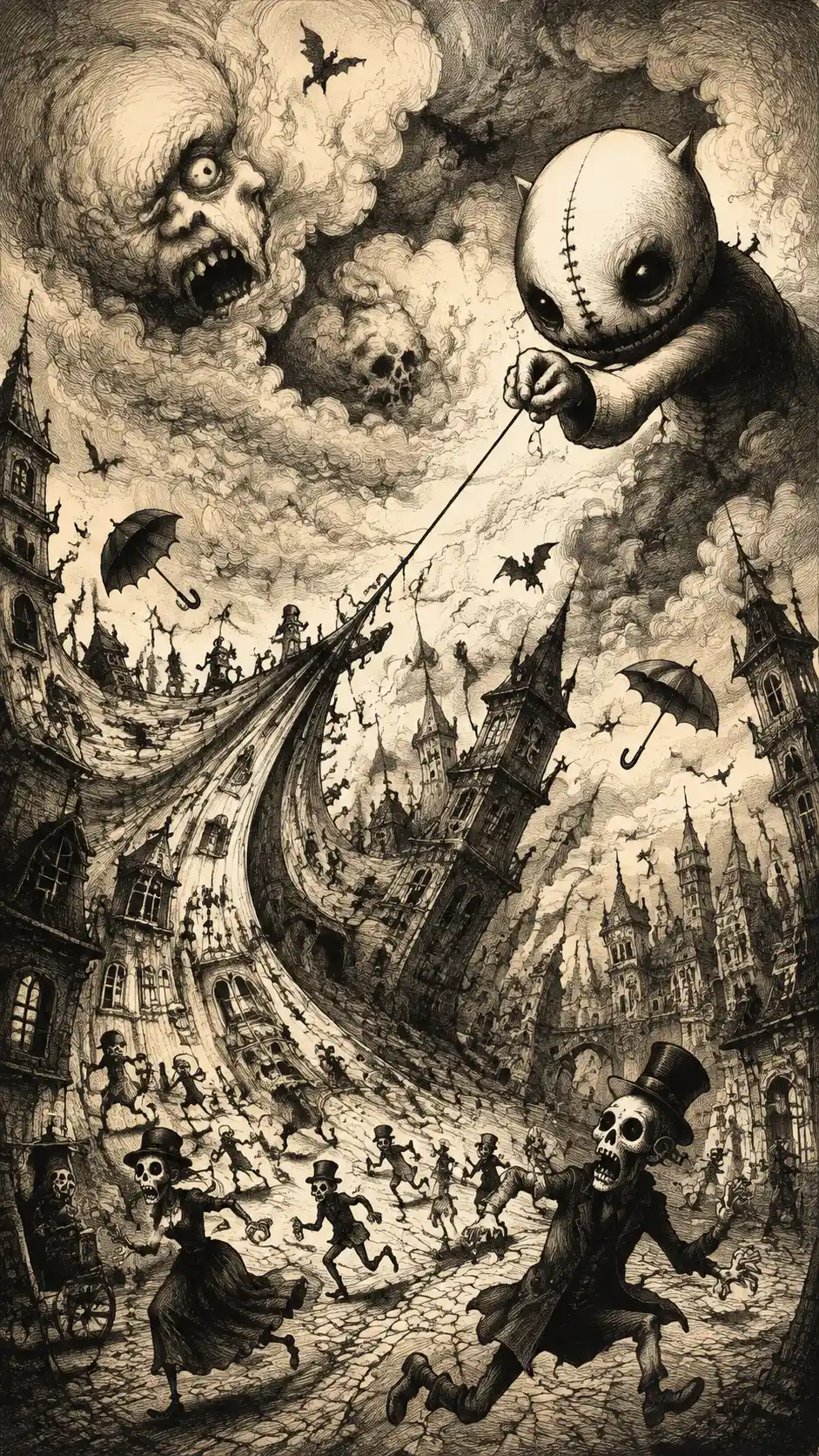 Miniature gothic city warped by a tiny stitched creature