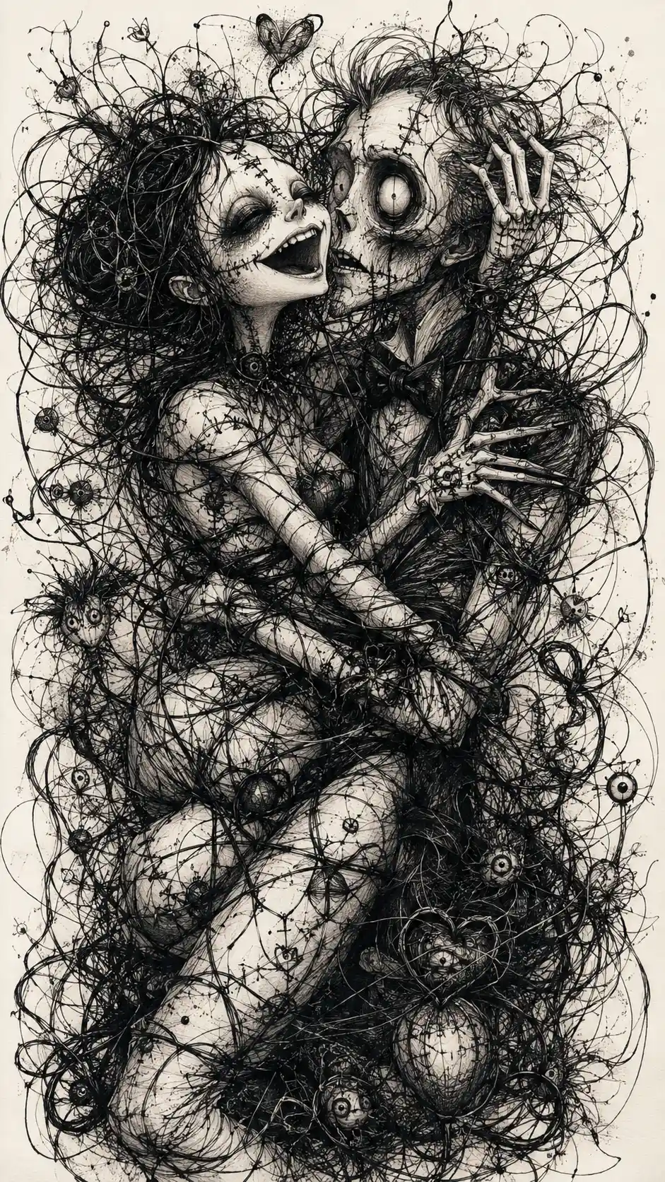 Gothic lovers entangled in surreal black thread illustration