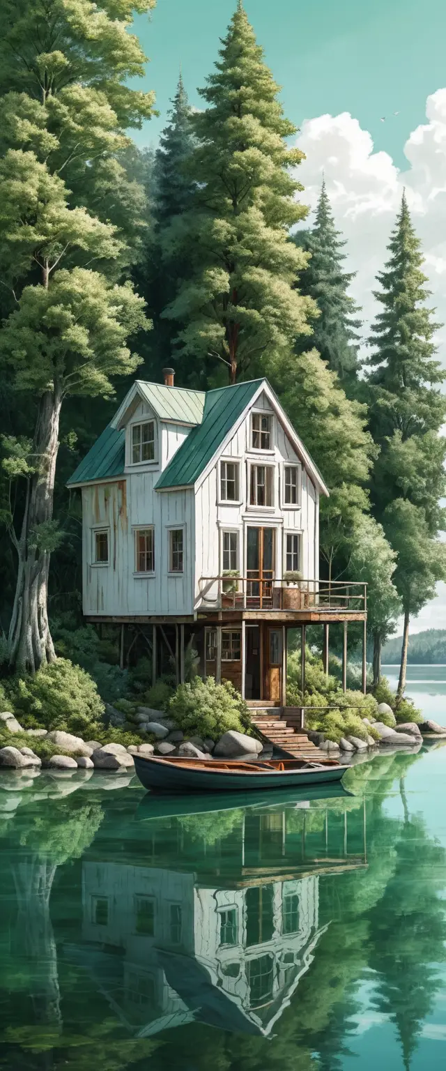 Small lakeside house beneath towering green trees