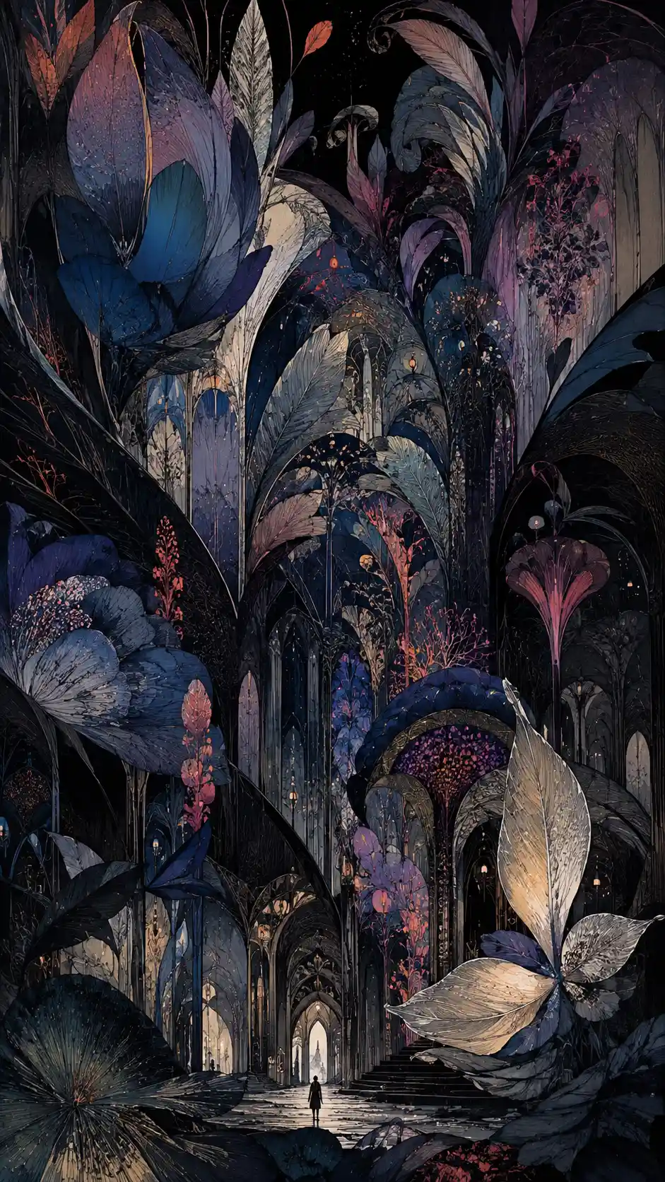 Surreal Floral Cathedral Towering Over A Tiny Lone Figure