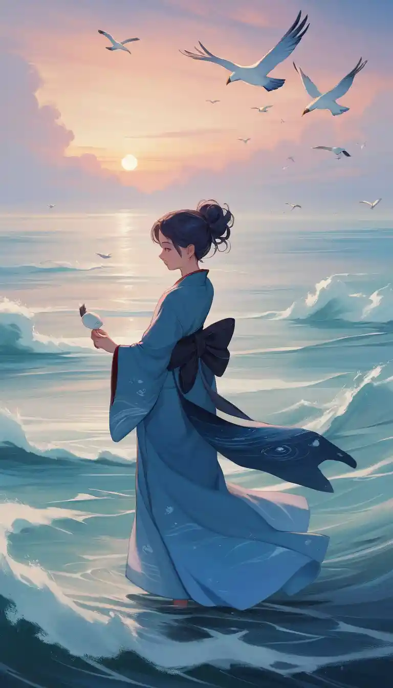 Serene woman in kimono on a misty Japanese shore