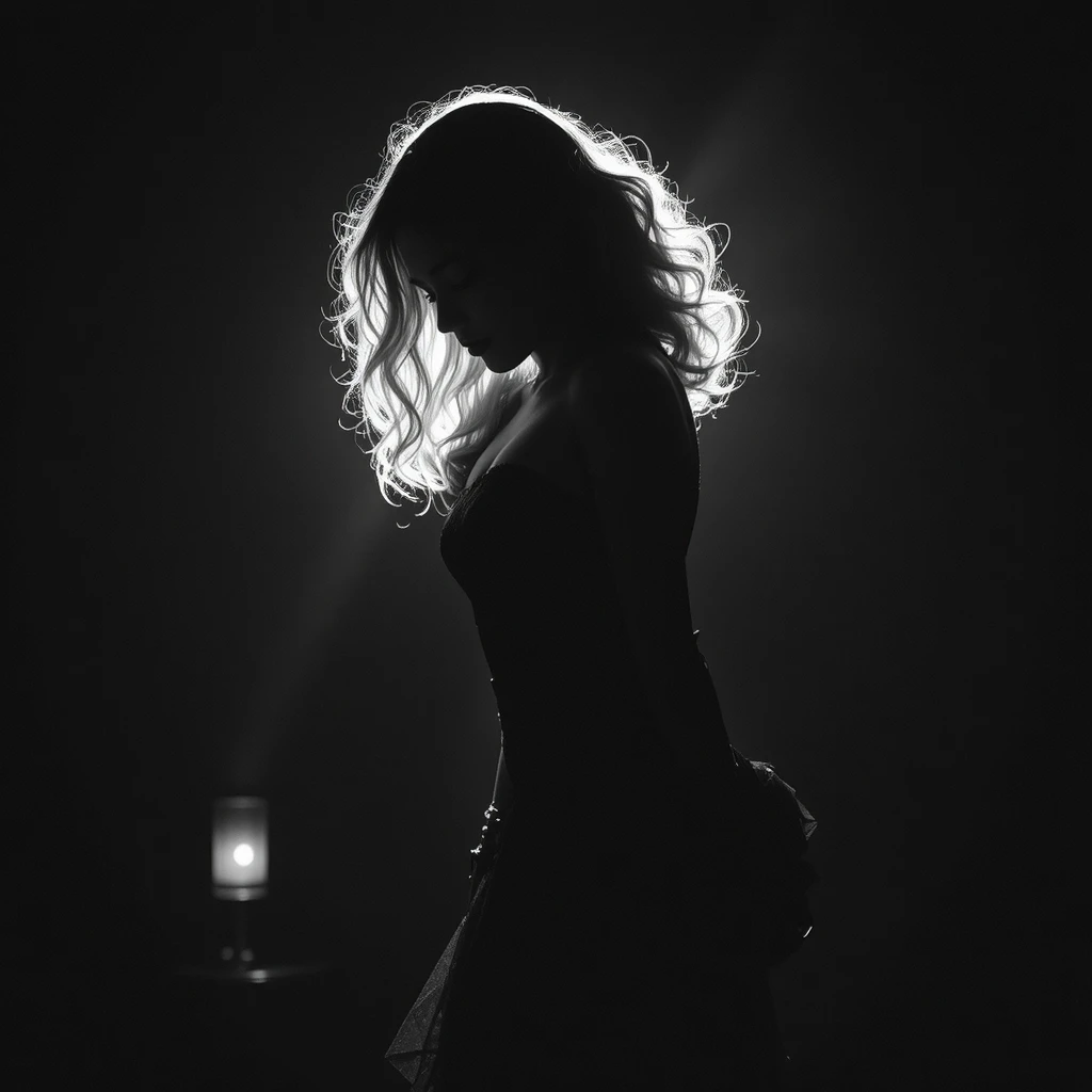 Backlit woman in backless gown with dramatic halo silhouette