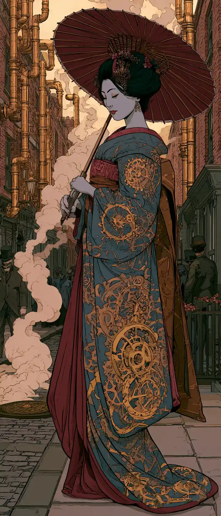Geisha In Steampunk Kimono On Bustling Victorian Street