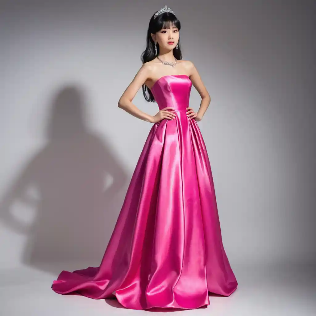 Elegant Japanese girl in hot pink satin ball gown