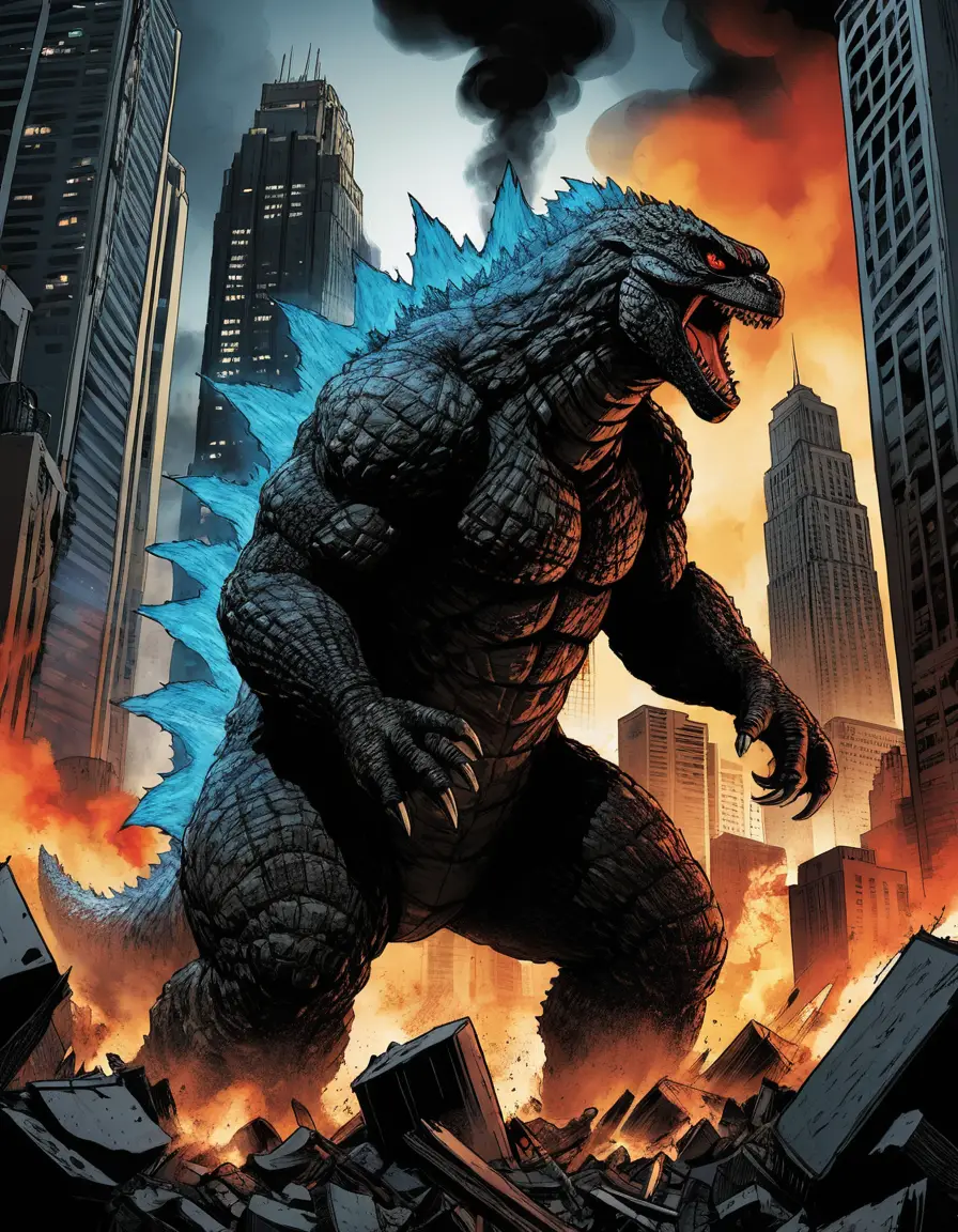 Giant Monster Godzilla Rampages Through Night Cityscape