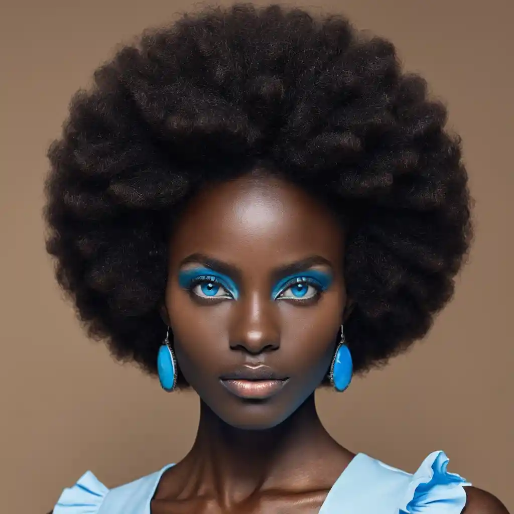 Close up portrait of a black woman with blue eyes