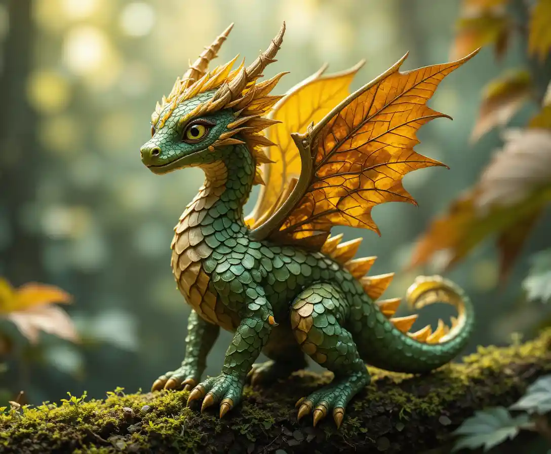 Leaf dragon perched on mossy branch in green forest