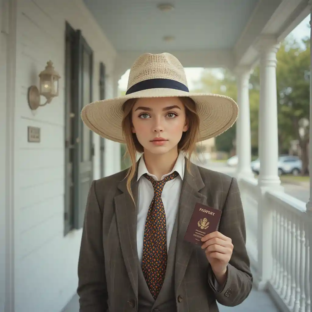 Woman on a white veranda in a necktie and Panama hat