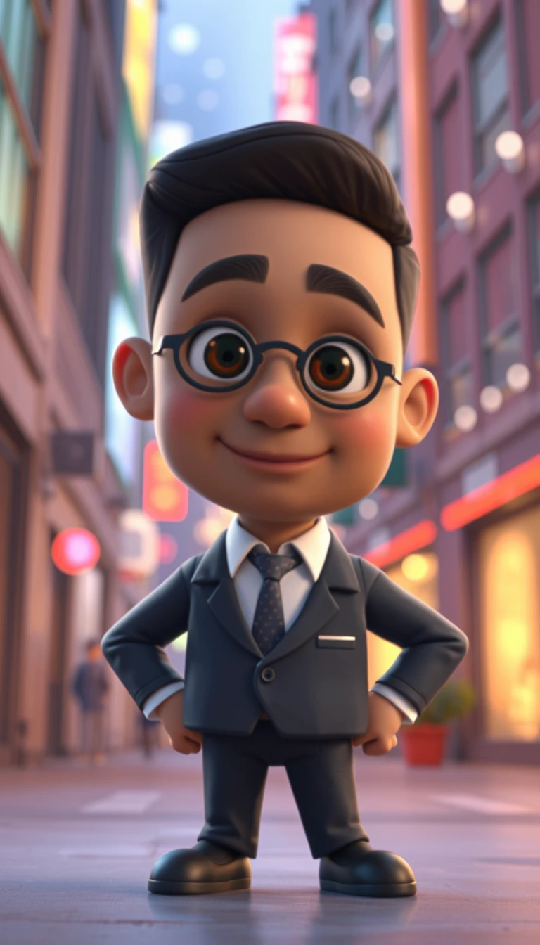 Cheerful 3D man character in bright city setting