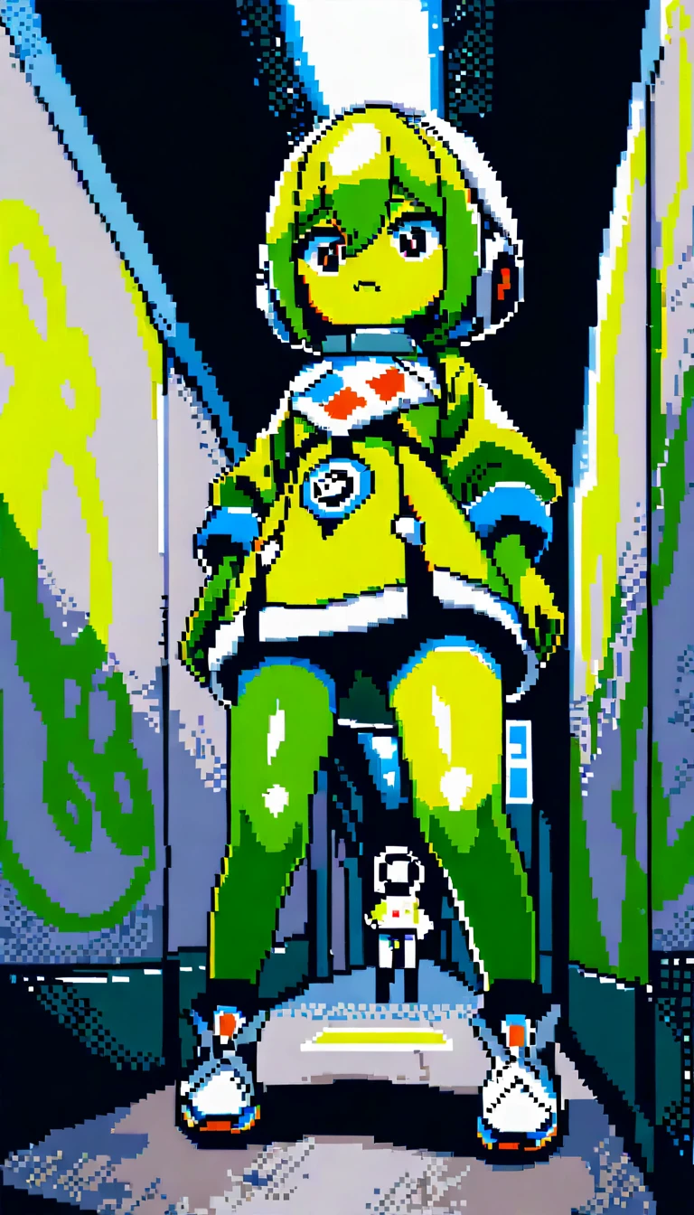 Pixel art anime girl walking along a gray city street
