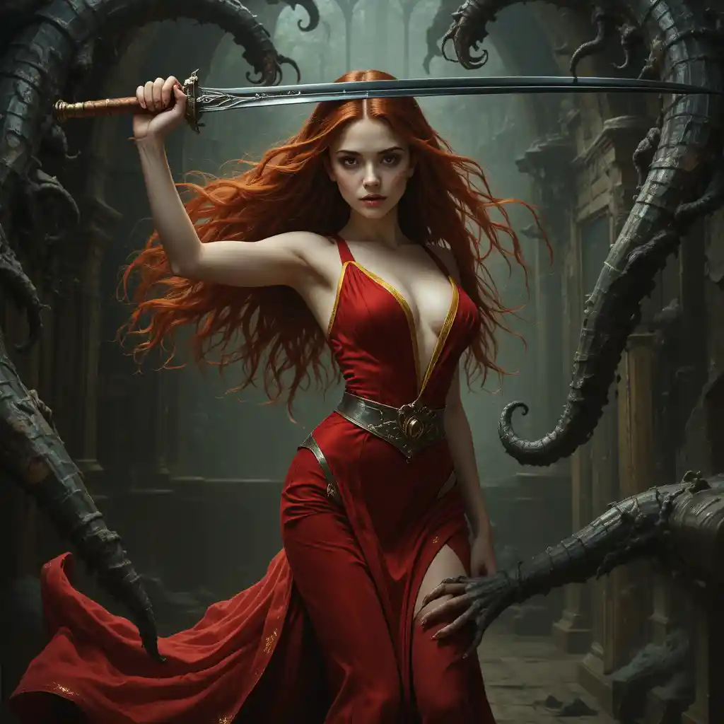 Vampire countess in red gown defending with sword