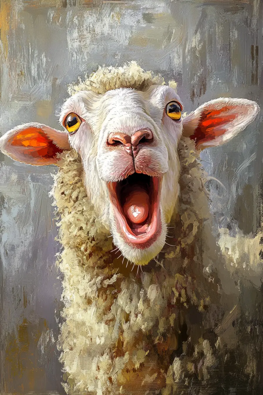 Close up portrait of a shocked screaming sheep painting