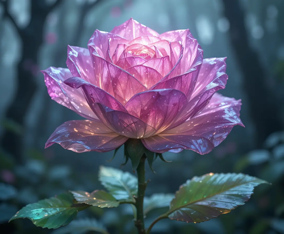 Crystalline rose glowing in a mystical fantasy forest