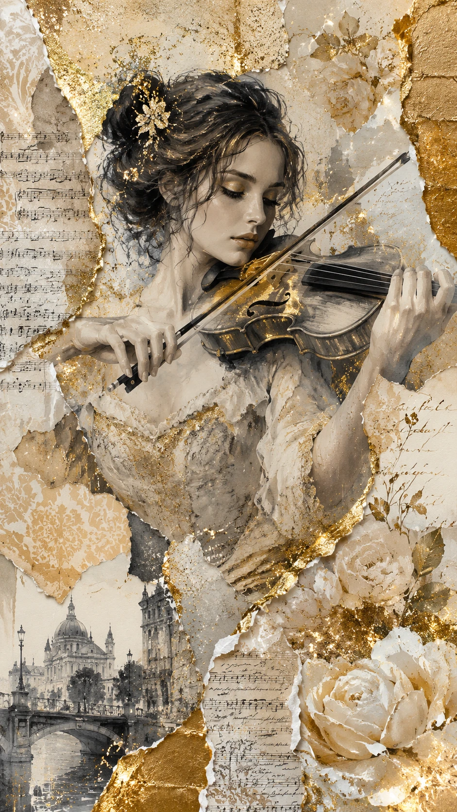 Elegant woman playing violin in mixed media collage