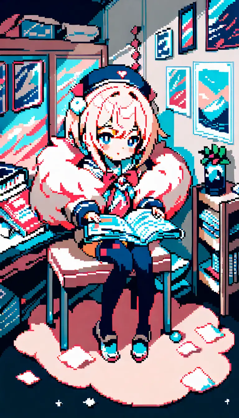 Cute pixel art anime girl reading on a table