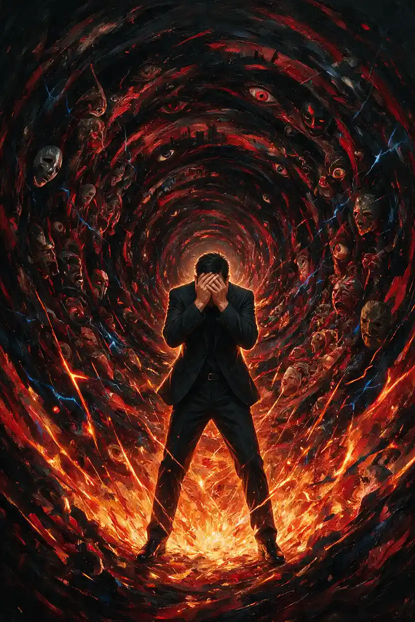 Man In Suit Before Surreal Vortex Of Faces And Eyes
