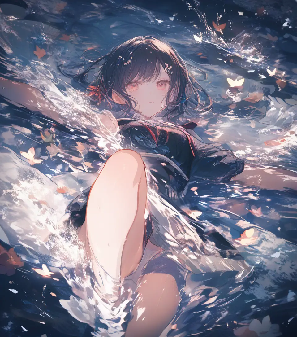 Anime-Mädchen, das in seichtem Wasser liegt – Charakteransicht des ganzen Körpers