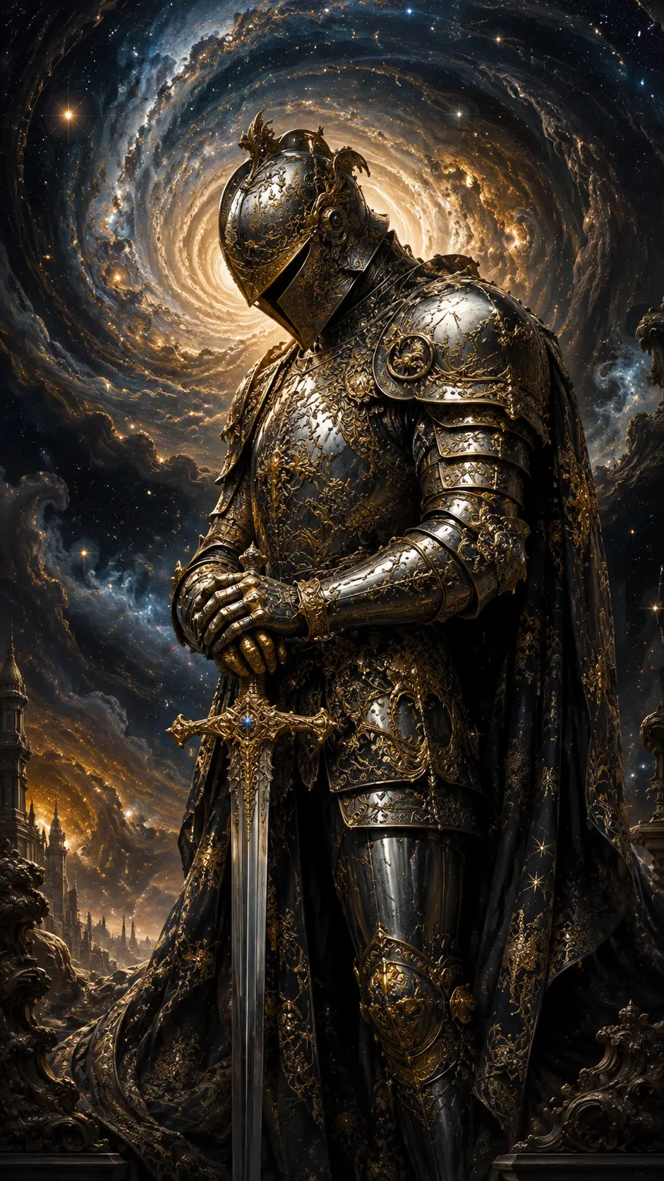 Baroque armored knight before swirling cosmic vortex