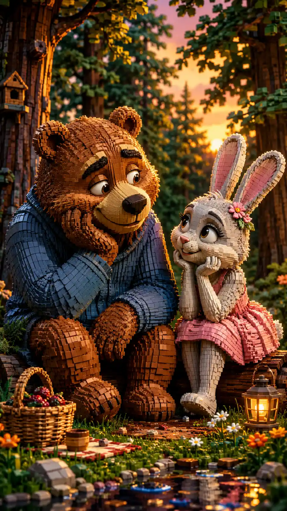 Tender 3D bear and hare couple in a quiet forest