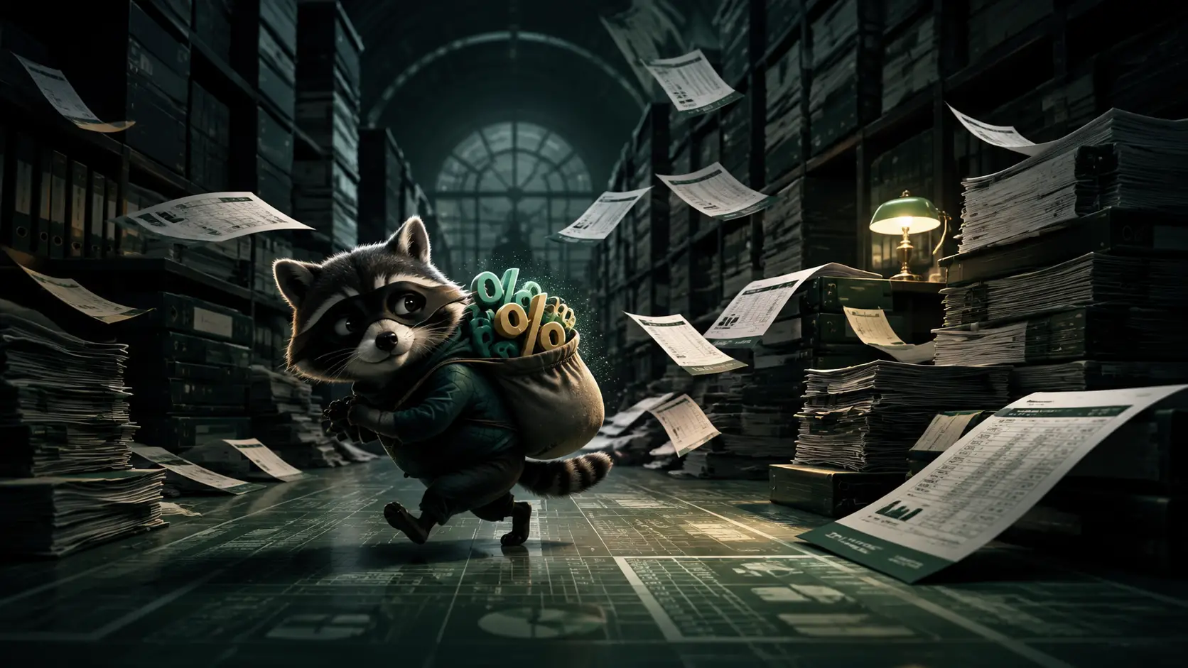 Mischievous data raccoon sneaks through a vast warehouse