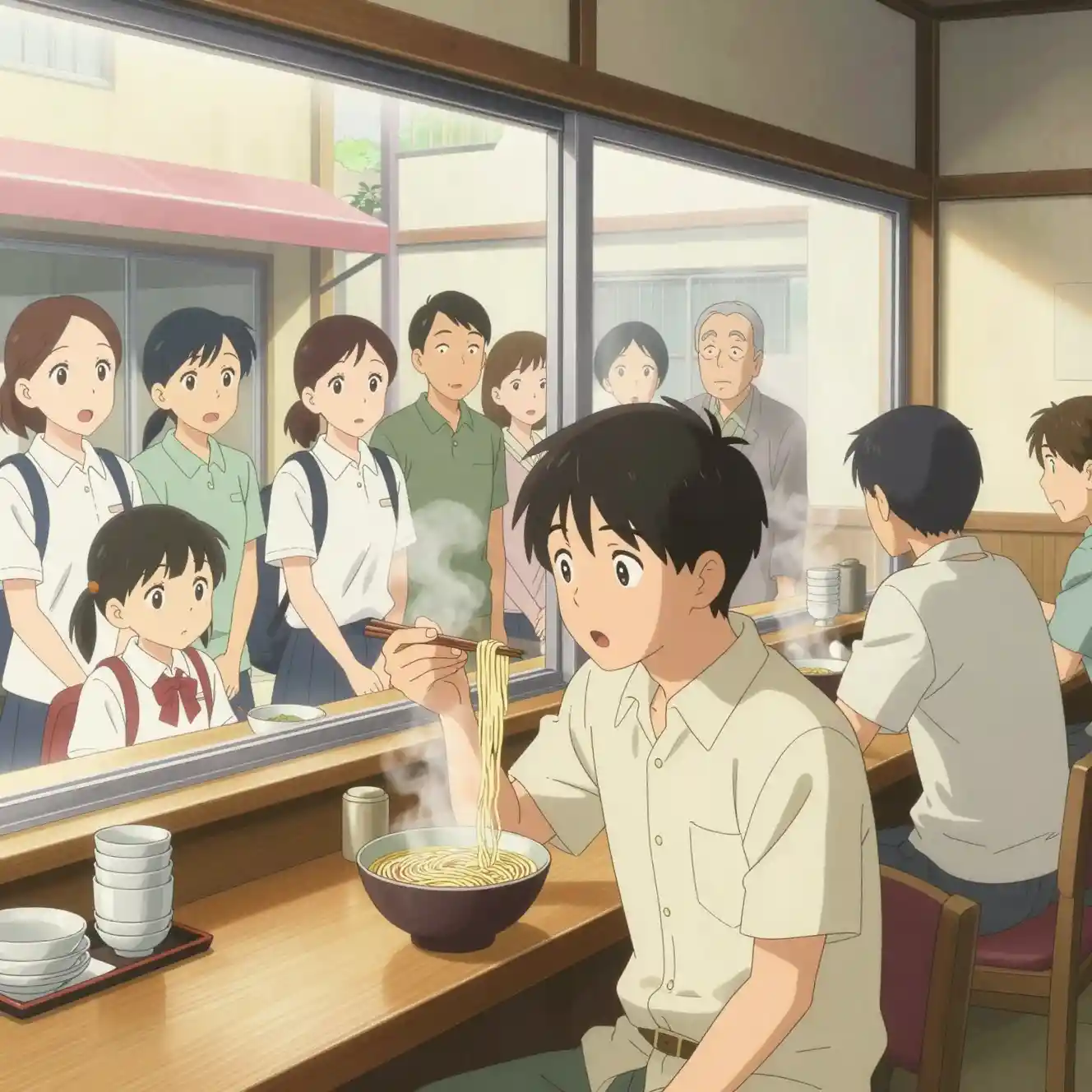 Young man eating noodles in cozy japanese noodle shop