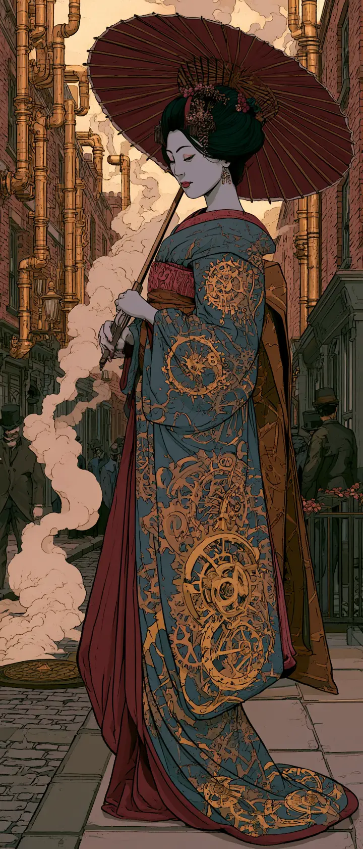 蒸汽龐克和服藝伎站在熱鬧的維多利亞風街道上