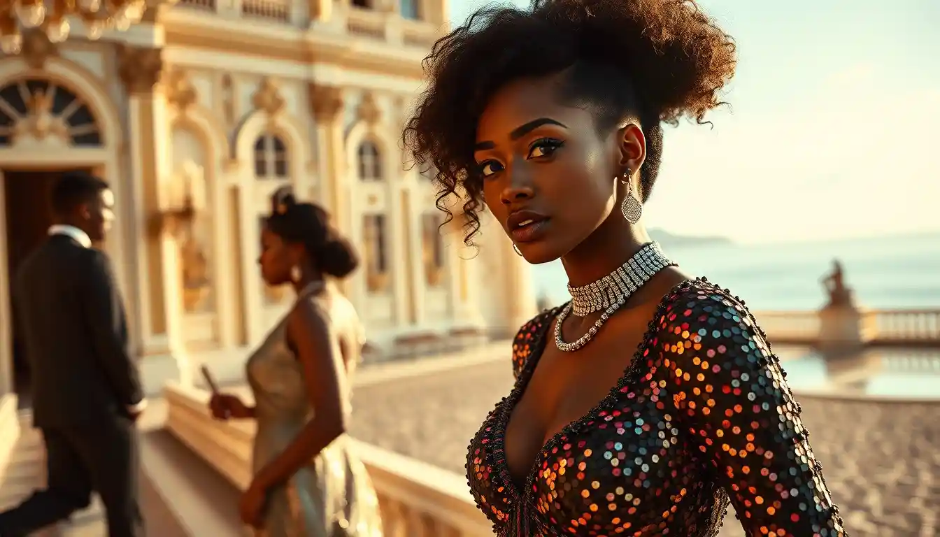 Glamorous woman in sequin dress at a Versailles style beach party