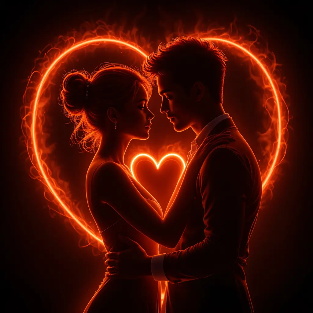 Neon silhouette of a romantic couple embracing in glowing light