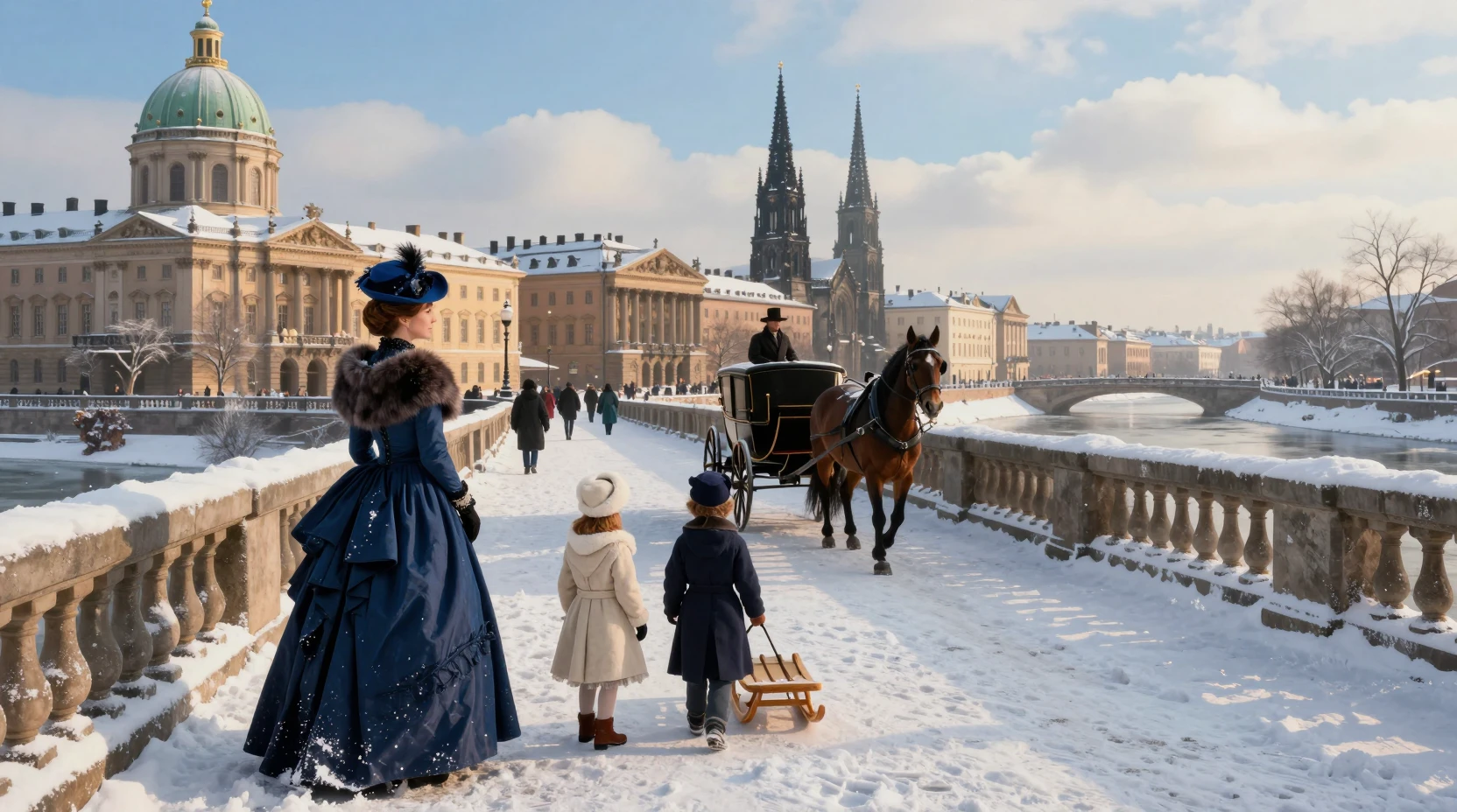 Victorian woman on a snowy bridge in a grand city