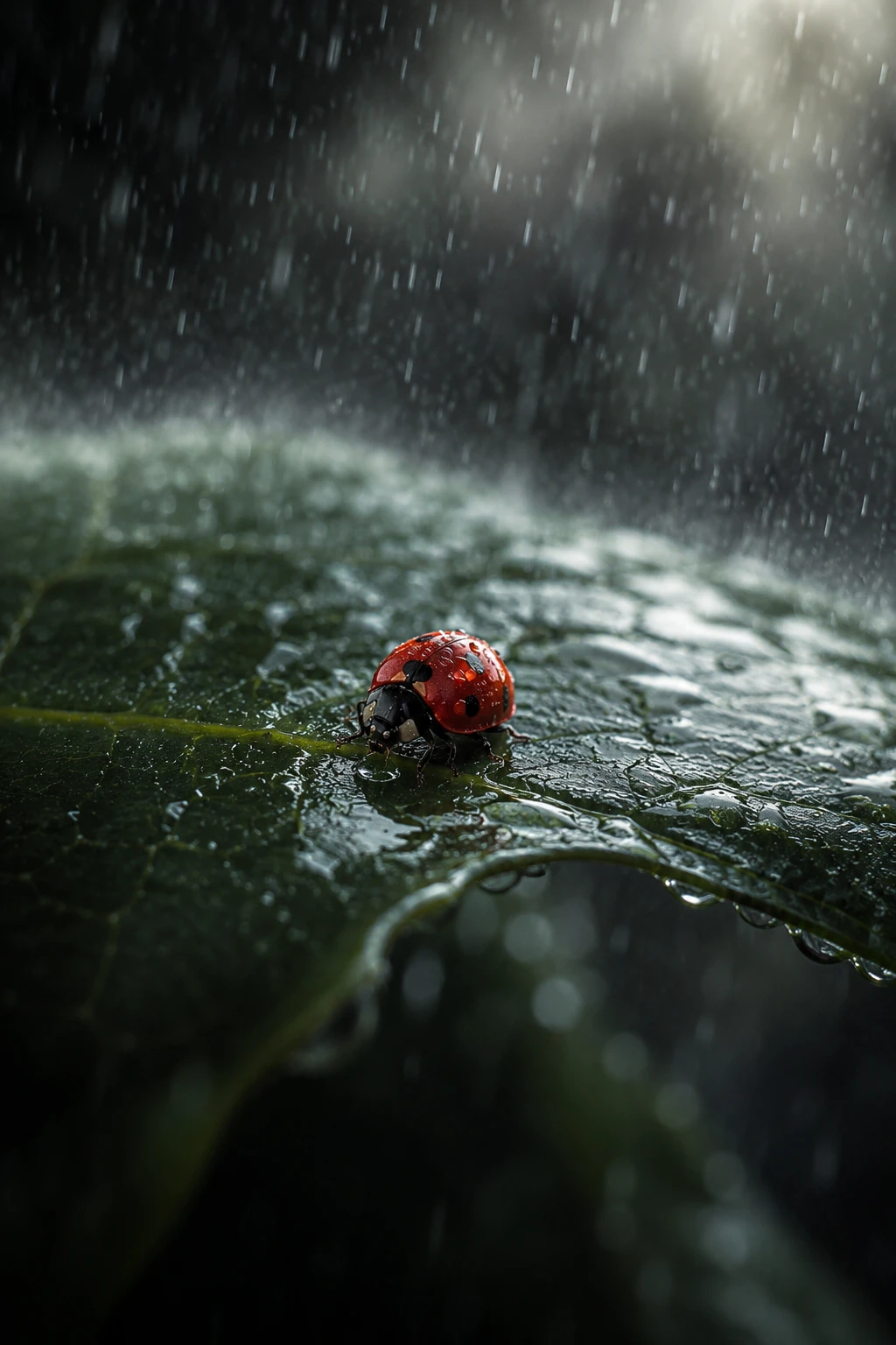 Coccinelle sur feuille verte mouillée sous une pluie douce