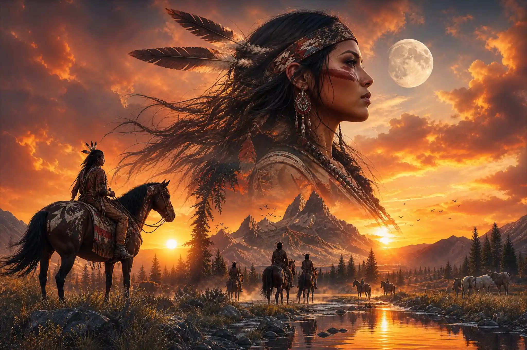 Native warrior woman in silhouette against sunset sky