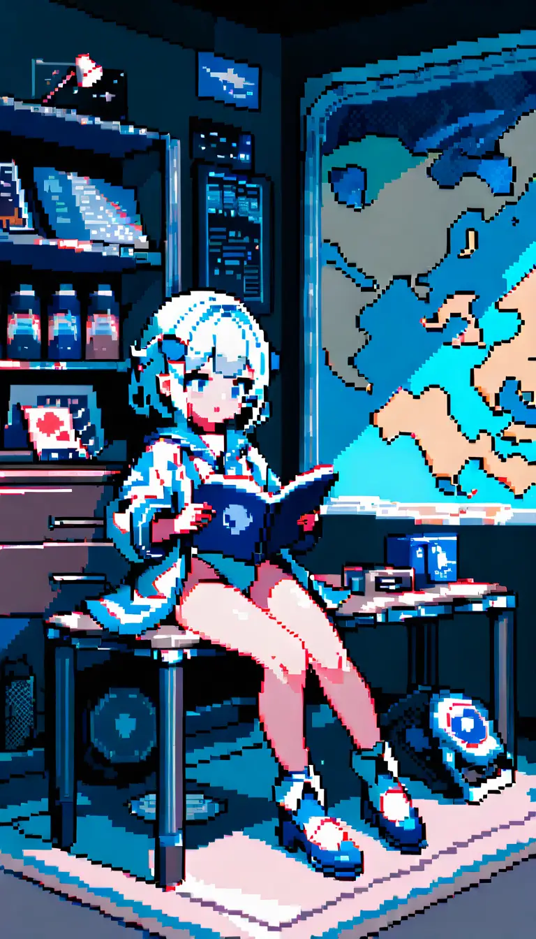 Anime girl sitting on a table reading a book