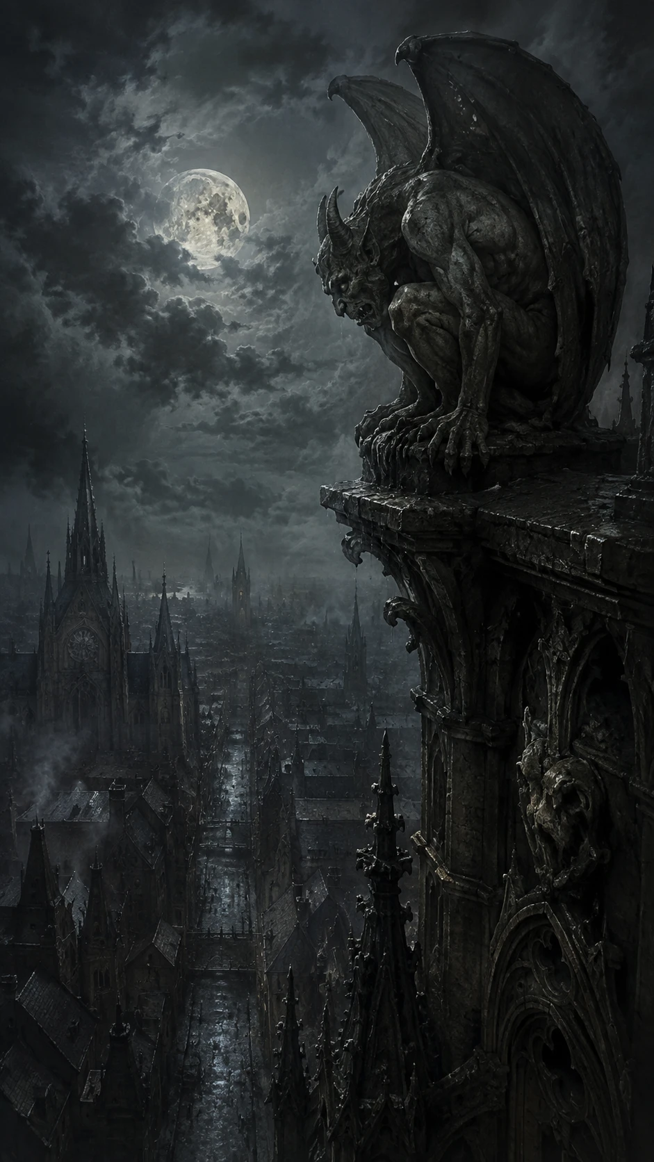 Gargoyle solitario in cima a una guglia gotica sopra una città nebbiosa