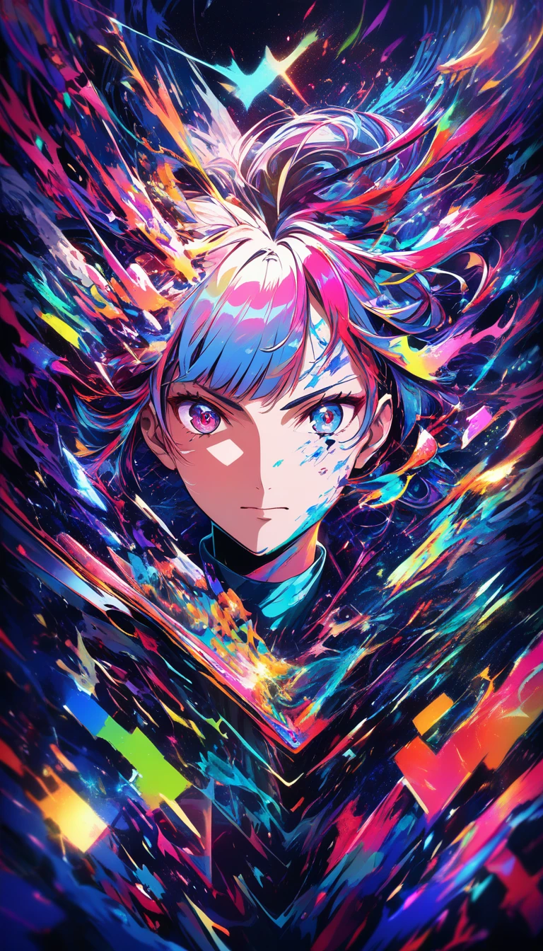 Ritratto anime con effetto glitch a tripla esposizione e bagliore al neon