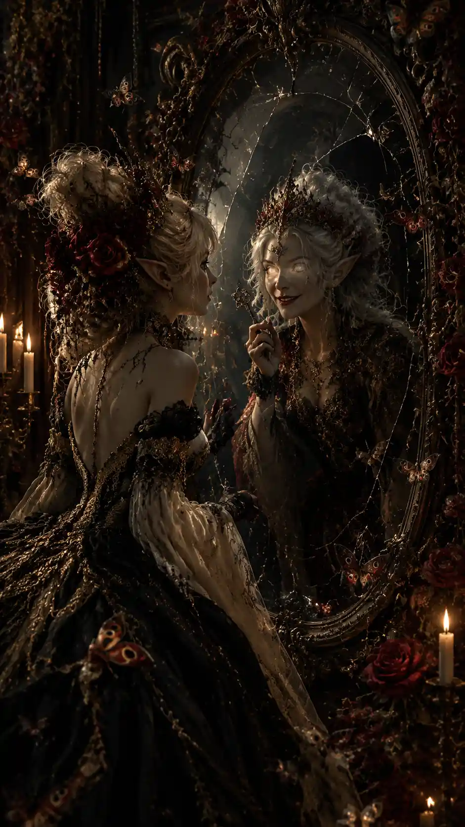 Fae queen before a vast ornate mirror in gothic chamber