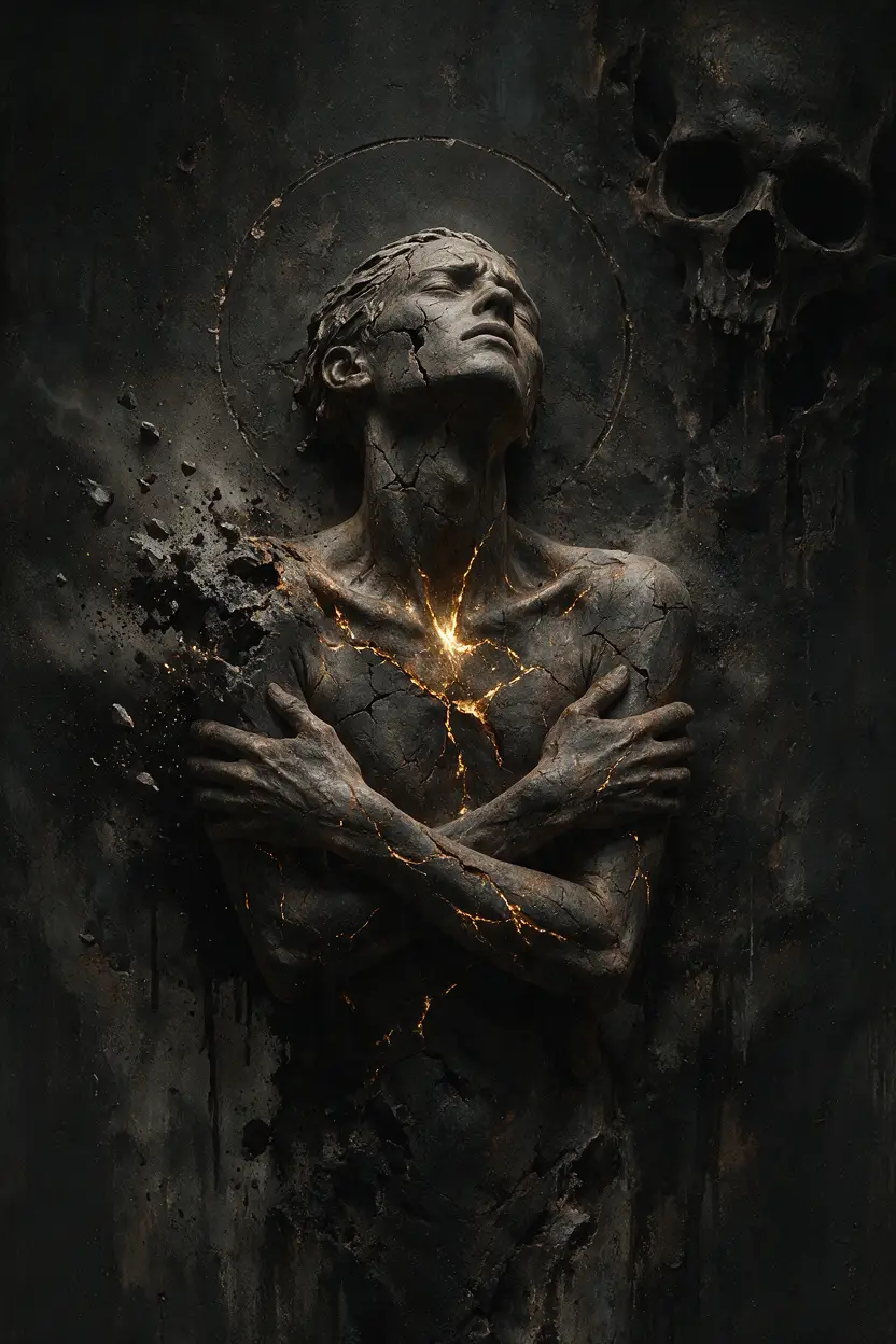Tormented stone figure fused into a dark crumbling wall
