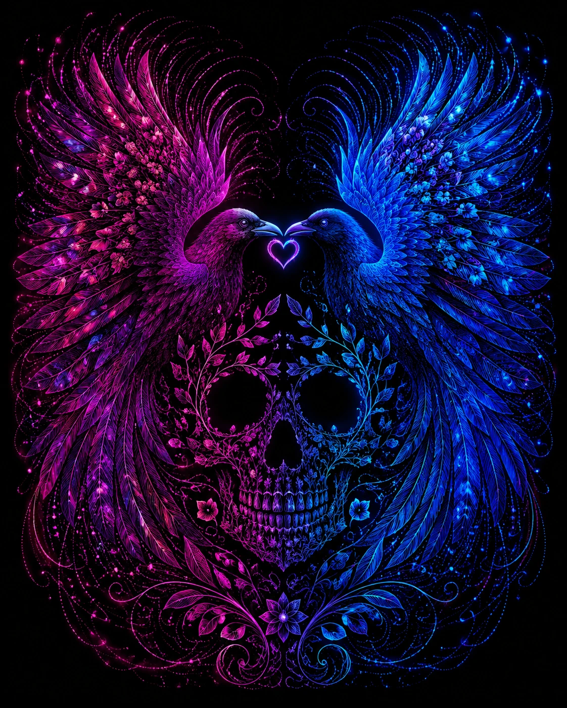 Two neon ravens forming a glowing heart and hidden skull