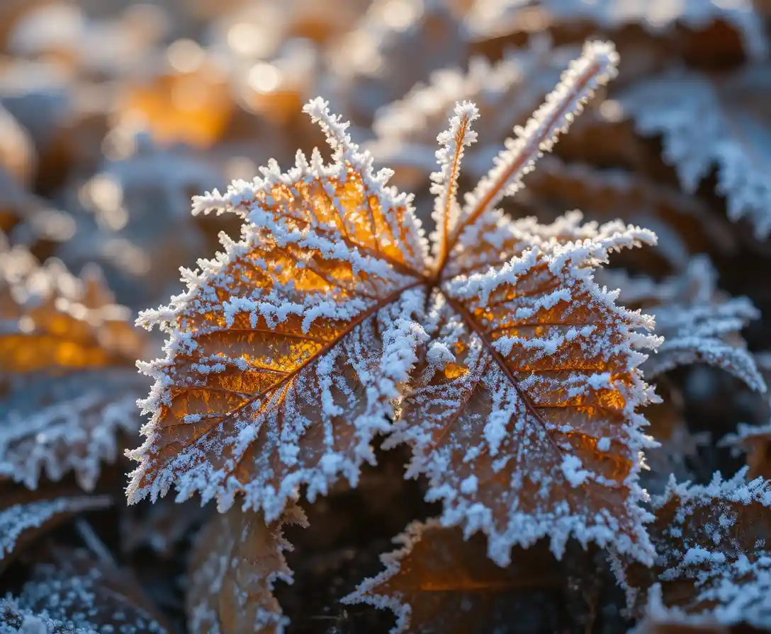 Macro close up of frost on sparkling autumn leaves