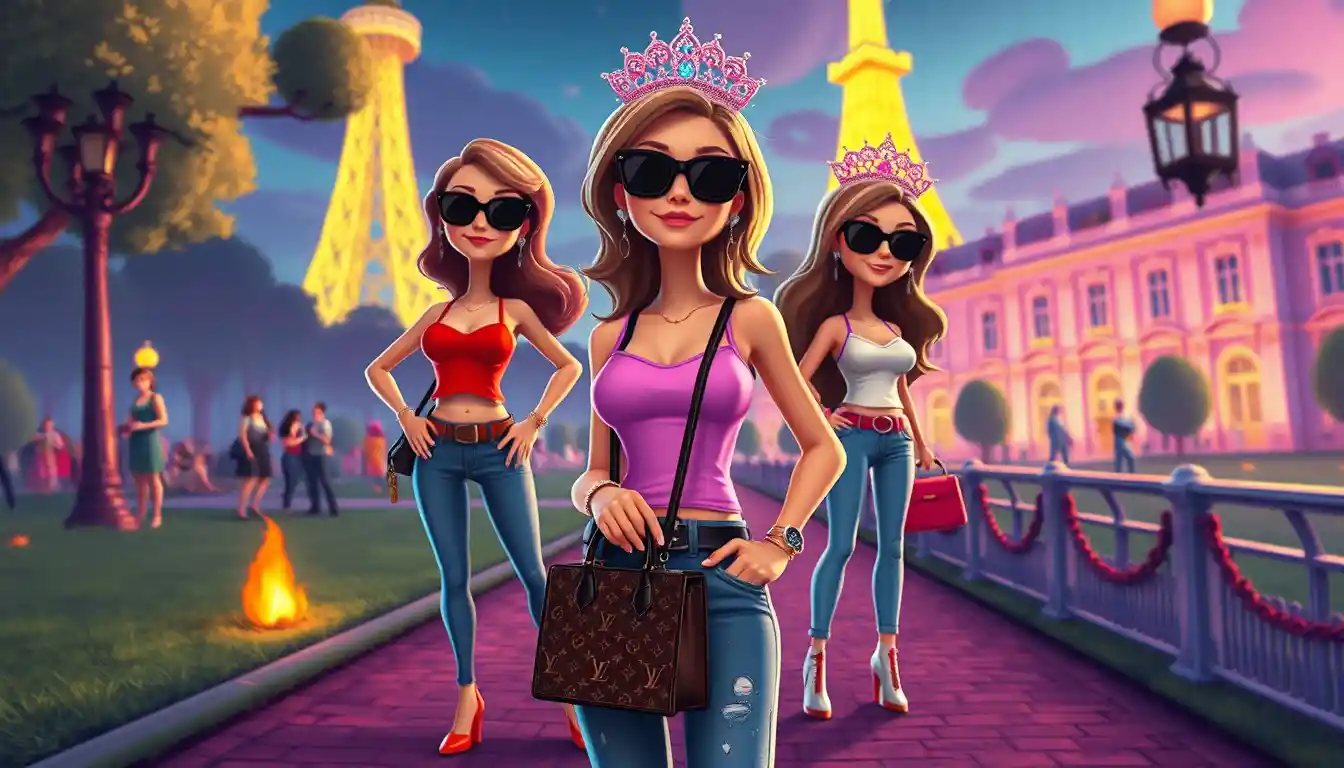 Playful cartoon woman posing on a colorful city sidewalk