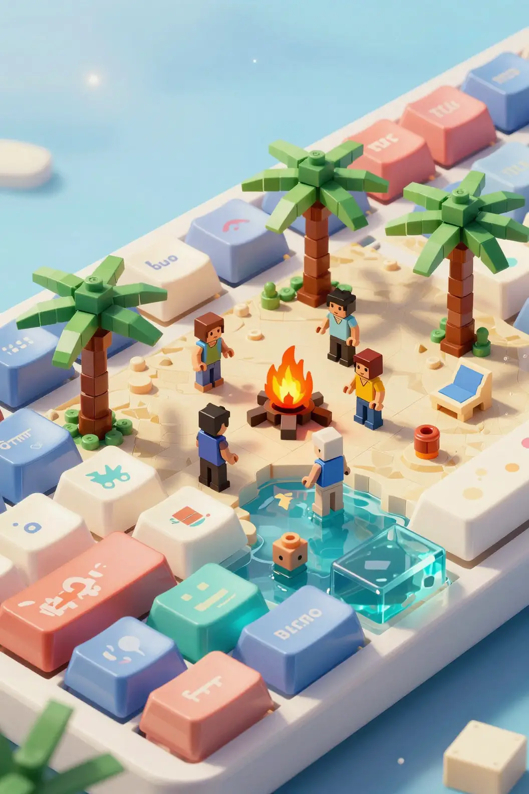Miniature beach party hidden inside a retro keyboard keycap