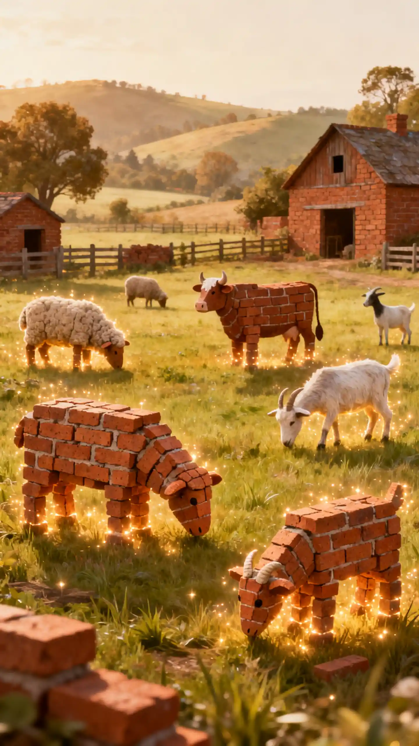 Enchanted brick countryside with grazing farm animals