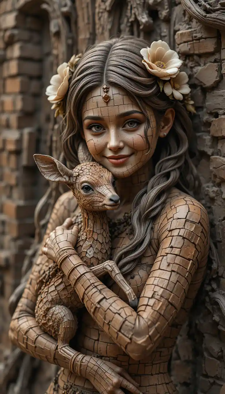 Smiling woman holding a gentle doe in a fantasy forest