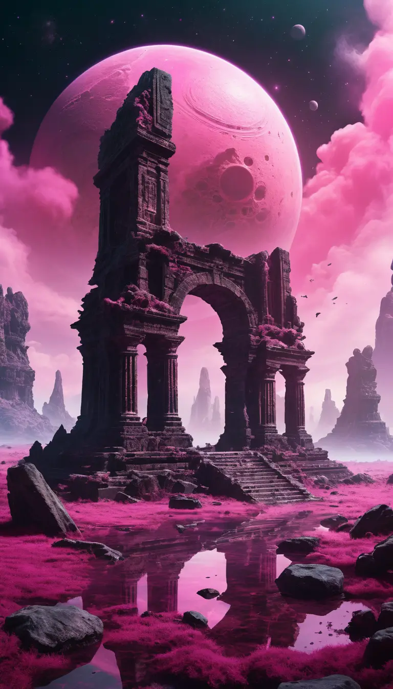 Ancient alien ruins drifting in glowing pink cosmic fog