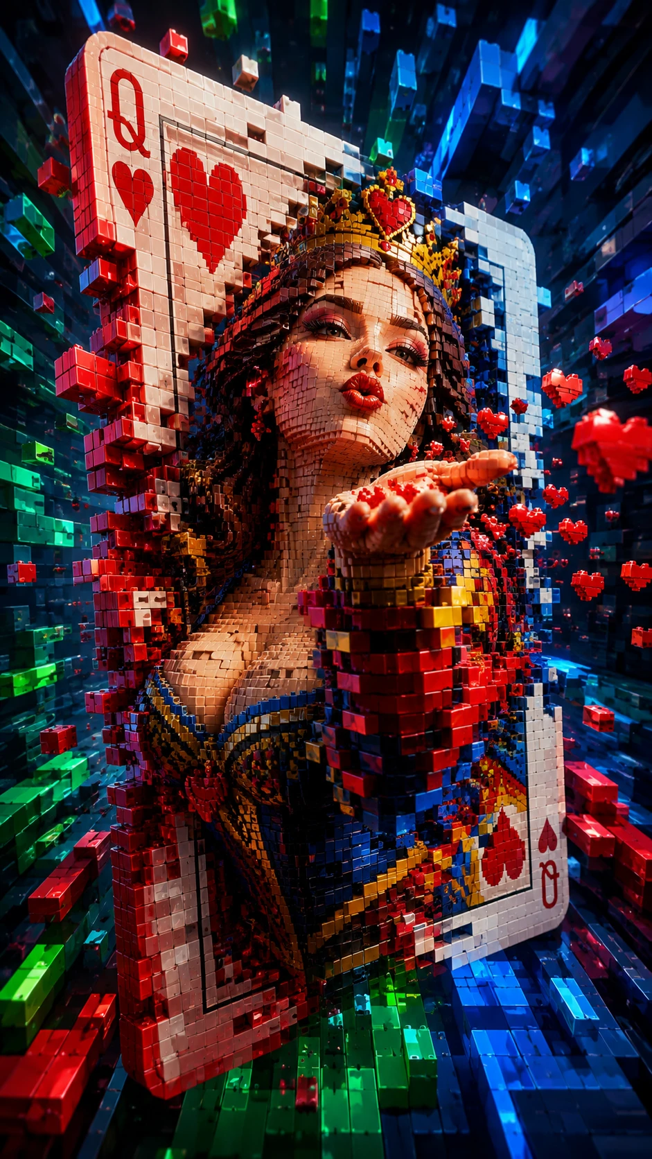 Tetris style digital queen of hearts blowing a kiss