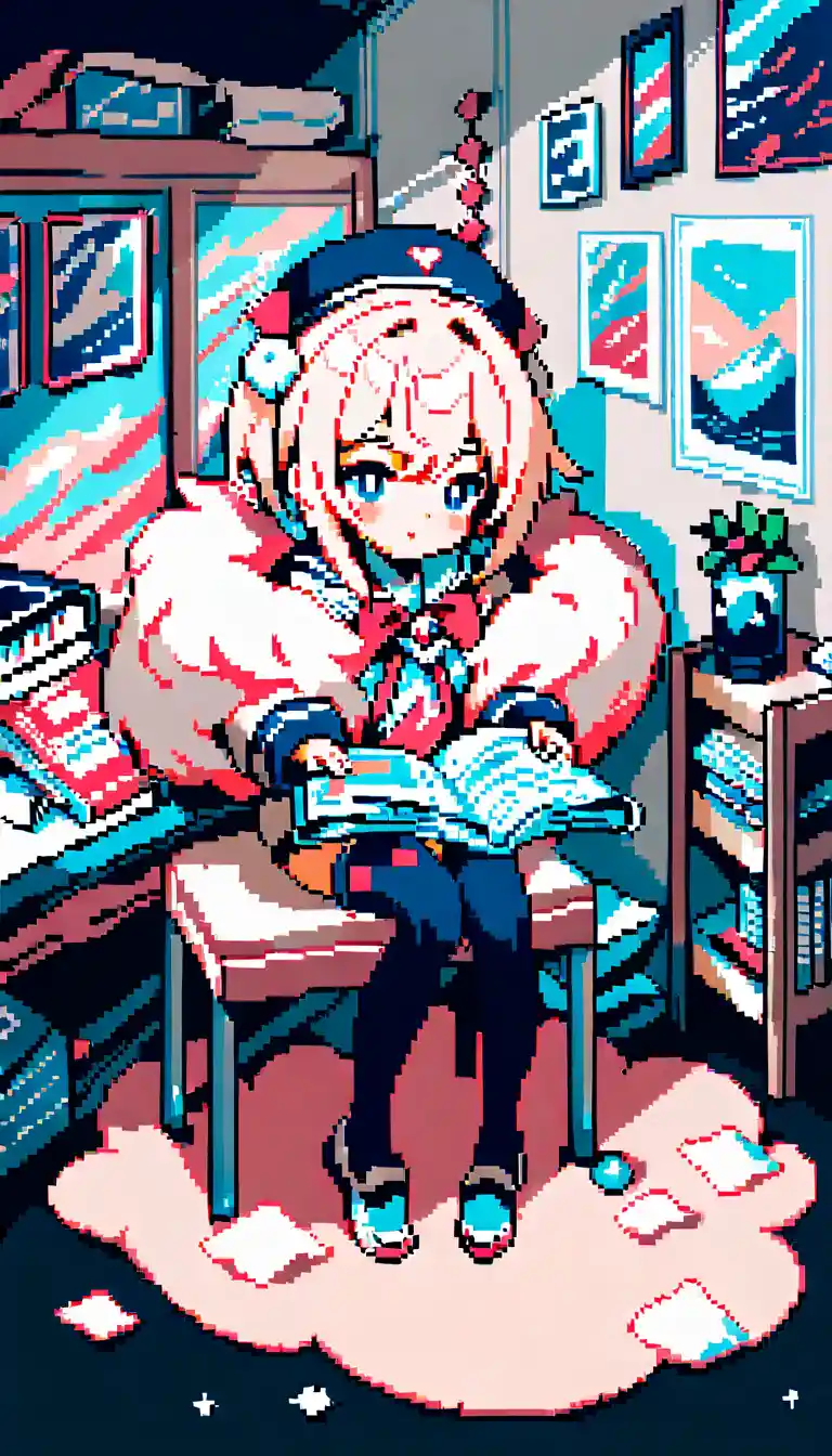 Cute pixel art anime girl reading on a table