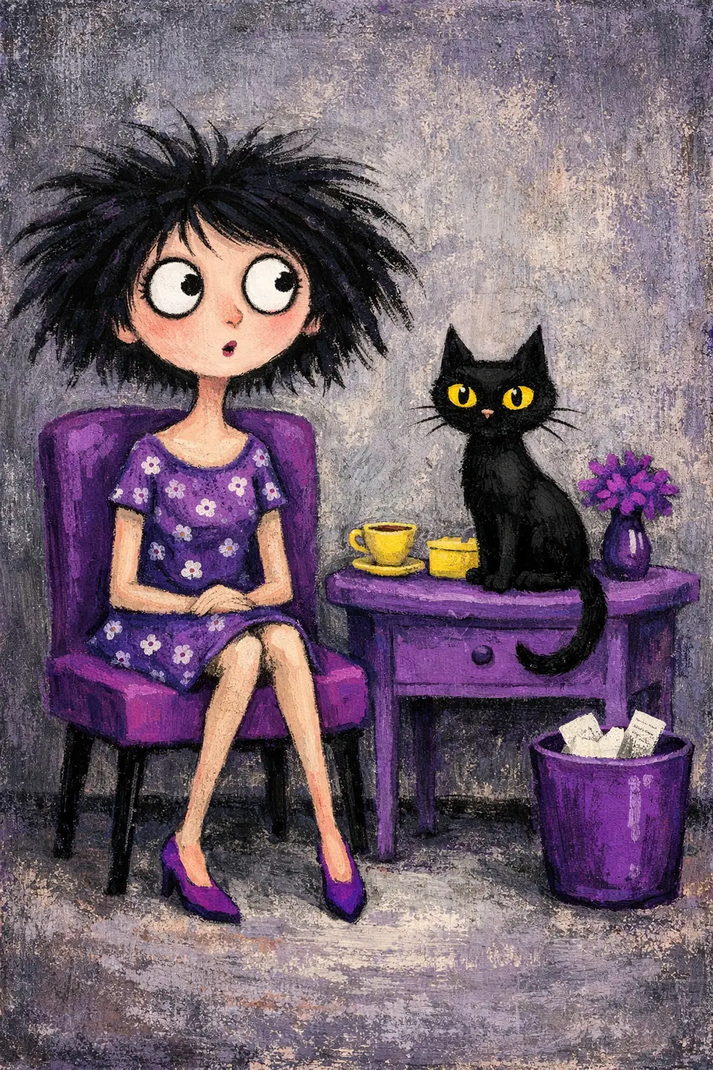 Whimsical woman and black cat in purple interior scene