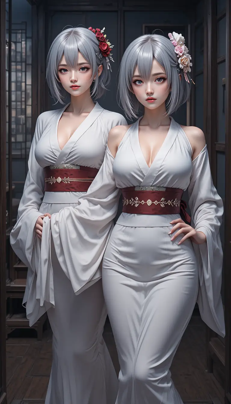 Anime woman in white kimono in dark wooden room