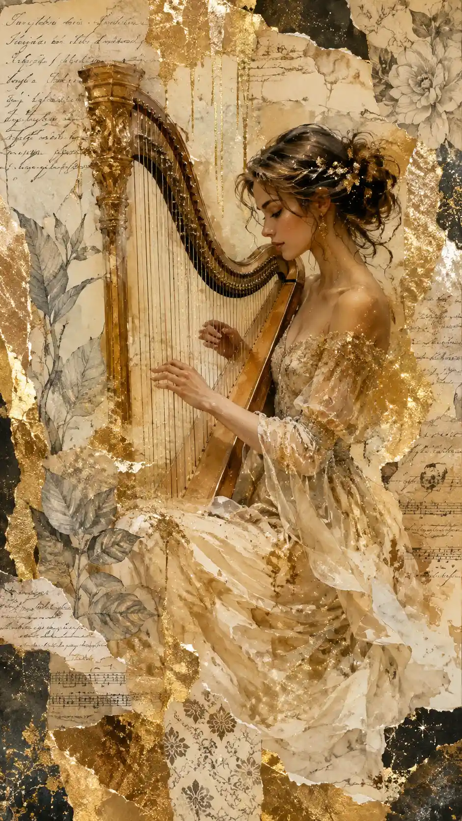 Elegant woman playing harp in mixed media gold artwork