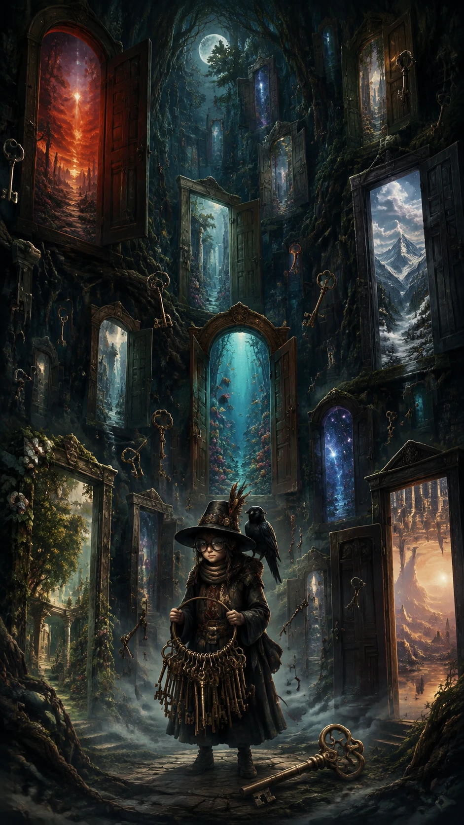 Tiny librarian in a dark forest of impossible doors