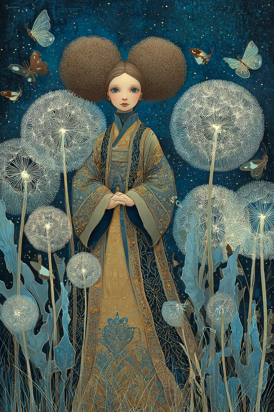 Woman in dandelion field under a deep blue starry sky